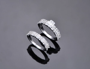 Macro shot of S925 sterling silver ring set with square cluster cubic zirconia stones