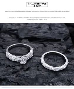 Detailed macro view of S925 silver wedding set with micro-pave zirconia on dark rock