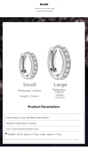 Detailed size chart for sterling silver hoop earrings with cubic zirconia inlay details