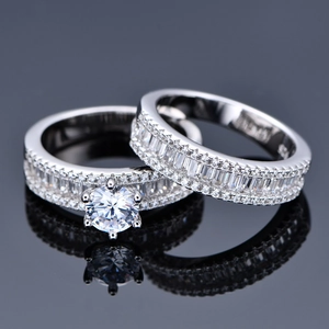 Ensemble de bagues de mariage en argent S925 avec pierres éclatantes de taille ronde et baguette