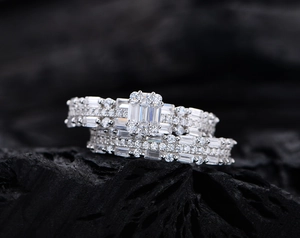 Detail view of double layer 925 sterling silver rings with rectangle pave diamonds