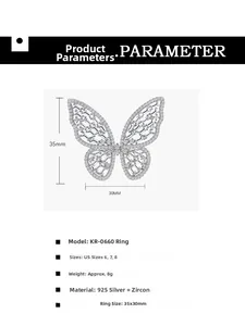 Detailed view of hollow butterfly sterling silver ring with sparkling white and blue stones