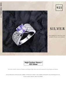 Makro-Detail eines lila Edelsteinrings im Radiant-Schliff aus 925er Silber mit Akzenten