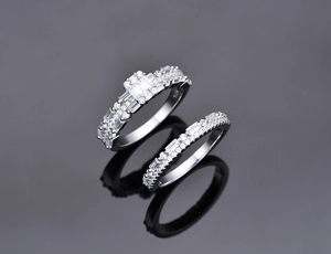 Macro view of S925 sterling silver ring set showing micro-pave crystals and S925 hallmark