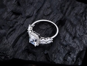 Macro view of 925 silver ring with emerald-cut white stone and marquise accents