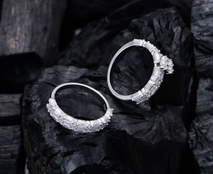 Detailed macro view of S925 sterling silver ring set featuring square pavé diamond inlay