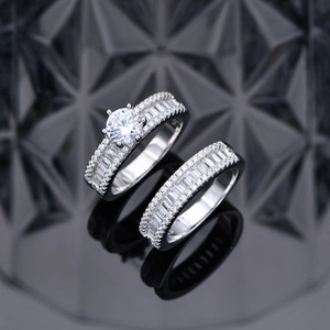 Ensemble de bagues de mariée en argent S925 avec diamants rectangulaires scintillants