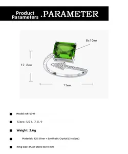 Schema tecnico con dimensioni dell'anello a freccia in argento 925 e cristallo smeraldo