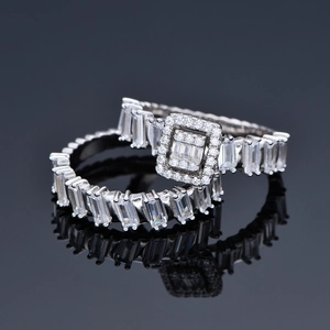 Elegant 925 sterling silver geometric bridal ring set with radiant baguette cubic zirconia