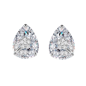 Pear cut crystal stud earrings with floral micro-pave design in silver finish