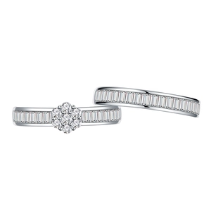 Elegant S925 silver two-piece ring set with round halo cluster and baguette zircon stones