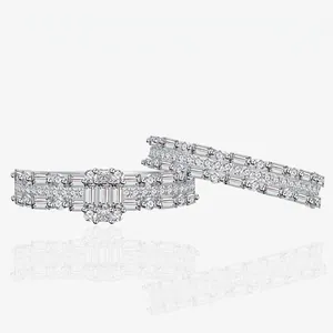 925 Sterling Silver Rectangle Checkered Ring Set For Women Pave Rhinestone Stackable Inlaid Geometric Finger Rings Fashion Jewelry