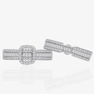 Ensemble de Bagues en Argent Sterling 925 Halo Carré en Zirconia pour Femmes Bagues de Fiançailles de Luxe Taille Baguette