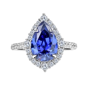 Pear cut tanzanite blue stone halo ring in S925 silver with sparkling accents