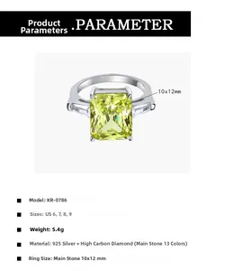 Detalle del anillo de plata 925 con diamante de carbono verde manzana de 10,5 ct talla radiant