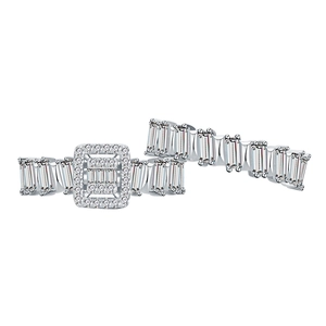 Sterling silver square halo ring with rectangular emerald cut cubic zirconia stones