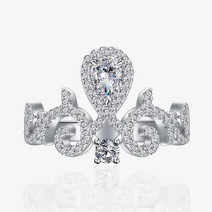 925 Sterling Silver Crown Tiara Ring For Women Luxurious Pear Cut Zirconia Micro Pave Wedding Party Fashion Jewelry Gift