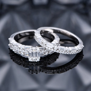 Luxurious S925 silver ring set with micro-paved rectangular and round cut crystals