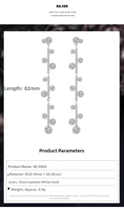 Detailed view of long tassel earrings with S925 silver, 5A zircon and 82mm length specs