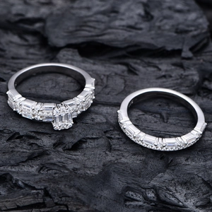 Micro-set S925 silver ring set with emerald-cut center stone and pave diamonds
