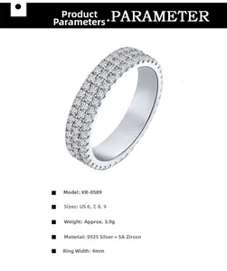 Specifications of 4mm triple-row S925 silver eternity ring with 5A cubic zirconia stones