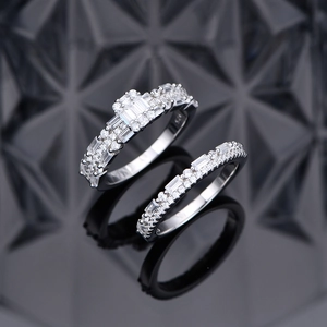 S925 silver bridal ring set with emerald cut cz and pavé bands on black mirror