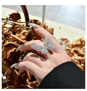 Detailed view of sterling silver butterfly ring with sparkling zirconia set on vintage floral