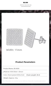 Macro shot of S925 sterling silver square stud earrings with micro-pave zircon crystals