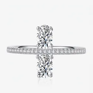 925 Sterling Silver Double Oval Zirconia Ring Four Prong Pave Set Simulated Diamond Engagement Ring For Women Jewelry