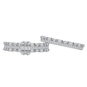 Elegantly stacked S925 sterling silver rings with brilliant baguette and round cut diamonds