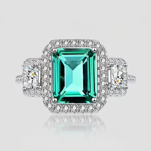 Luxury 925 Sterling Silver Emerald Cut Ring For Women Vintage Halo Rectangular Gemstone Rhinestone Party Jewelry Ring