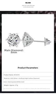 Detail view of 8mm six-prong solitaire stud earrings with S925 silver product specs