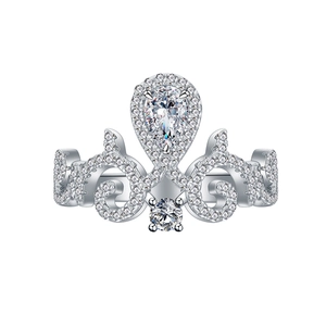 Exquisite 925 sterling silver tiara ring with pear-shaped center stone and micro-pavé diamonds
