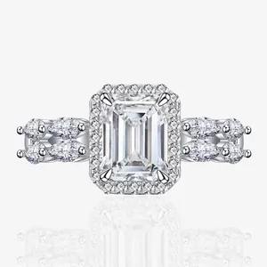 Emerald Cut Zirconia Halo Ring 925 Sterling Silver Marquise Side Stone Engagement Wedding Fashion Jewelry Gift For Women