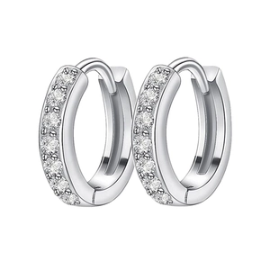 Classic silver sterling hoop earrings with half-circle pave zircon stones on white background