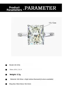 Détail bague 10,5ct taille radiant en argent 925 avec paramètres pierre de 10x12mm