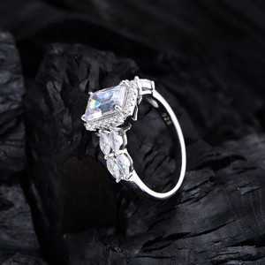925 silver ring with 6x8mm emerald cut white diamond and side marquise stones