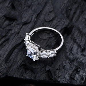 925 silver ring with 6x8mm emerald cut white zircon and marquise side stones