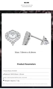 Detail showing S925 sterling silver heart earrings size 7.8mm by 8.8mm with zircon
