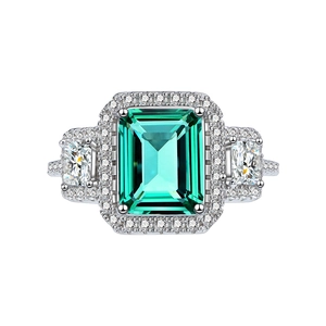 Classic S925 silver ring with emerald cut green stone and side halo accents