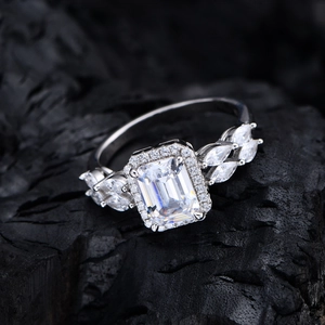 Emerald cut white crystal halo ring with marquise side stones in 925 sterling silver