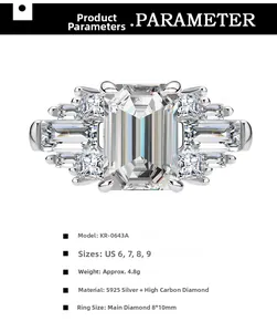 Macro view of 8x10mm emerald cut stone with trapezoid side diamonds on S925 silver ring