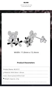 Detailed view of S925 silver butterfly earrings with zircons measuring 11.8mm by 12.4mm