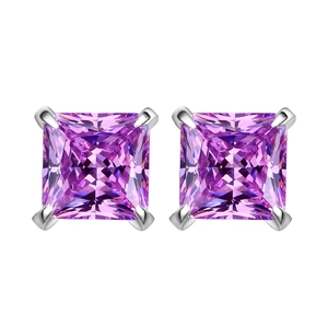 Classic 925 sterling silver square-cut purple gemstone stud earrings with 4-prong setting