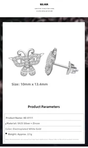 Detailed specs of S925 sterling silver butterfly stud earrings with dimensions and weight
