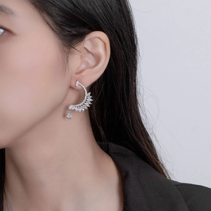 Luxurious S925 silver feather earrings with sparkling marquise and teardrop zircon crystals