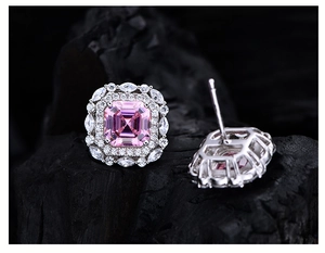 Macro shot of luxury pink Asscher cut high carbon diamond earrings in 925 sterling silver