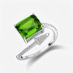 925 Argento Sterling Anello Aperto per Donna Taglio Smeraldo Rettangolare Pietra Preziosa Artificiale Design a Freccia Strass Anello
