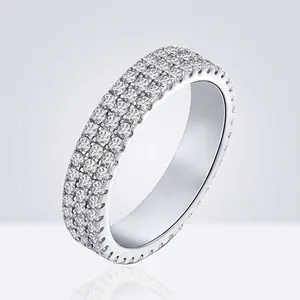 Luxury 925 Sterling Silver Three Row Rhinestone Eternity Ring For Women Fashion Jewelry Full Inlaid Finger Ring Anniversary Gift