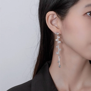 Elegant long tassel drop earrings with sparkling cubic zirconia on S925 silver finish
